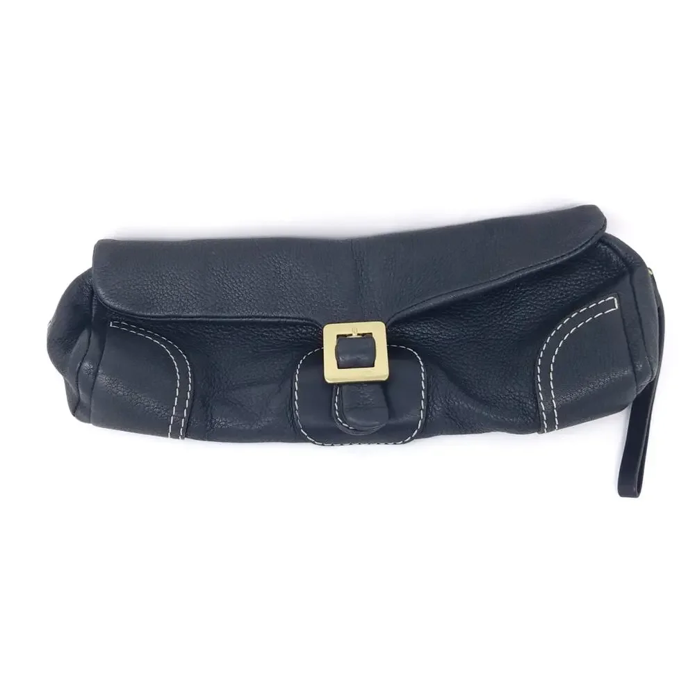 Kate Spade Y2K Black Leather Clutch Purse Gold Buckle Baguette